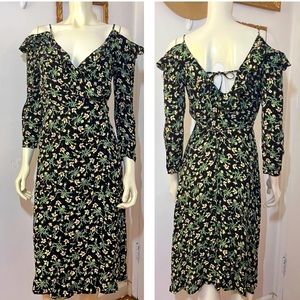 TopShop Wrap Midi Dress  black Floral Cold Shoulder Long Sleeves Stunning green